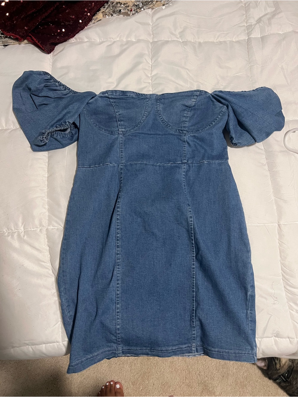 Fashion Nova Blue Off-Shoulder Puff Sleeve Denim Mini Dress